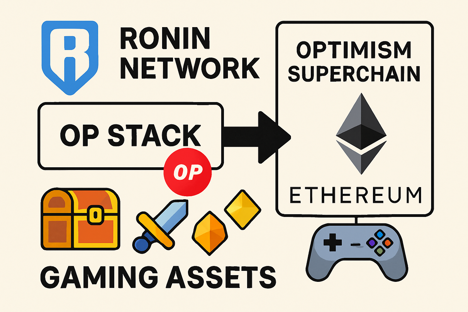 Ronin Network merging into Optimism Superchain with Ethereum and gaming assets visualized