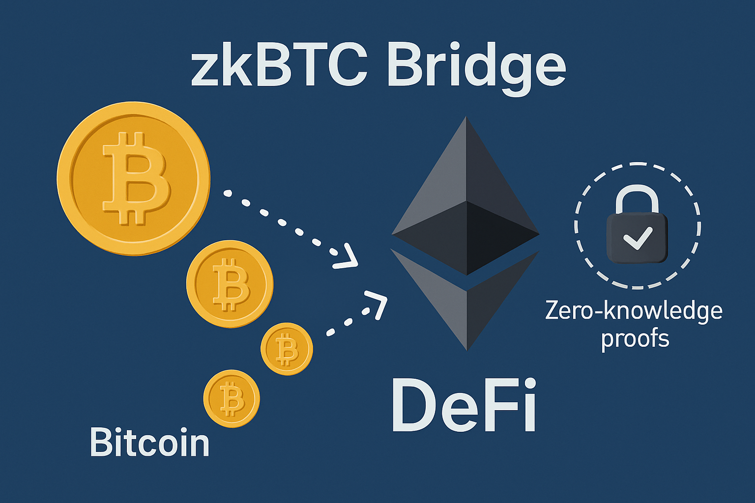 Dynamic visualization of Bitcoin (BTC) flowing through the zkBTC Bridge into Ethereum DeFi platforms, illustrating cross-chain liquidity powered by zero-knowledge proofs.