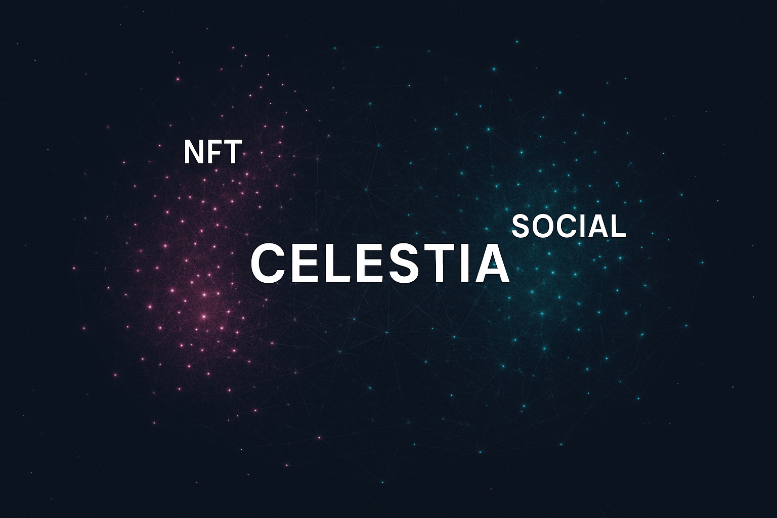 Dynamic visualization of Celestia network's expanding blobspace with vibrant NFT and social activity overlays, illustrating real-time blockchain data growth.