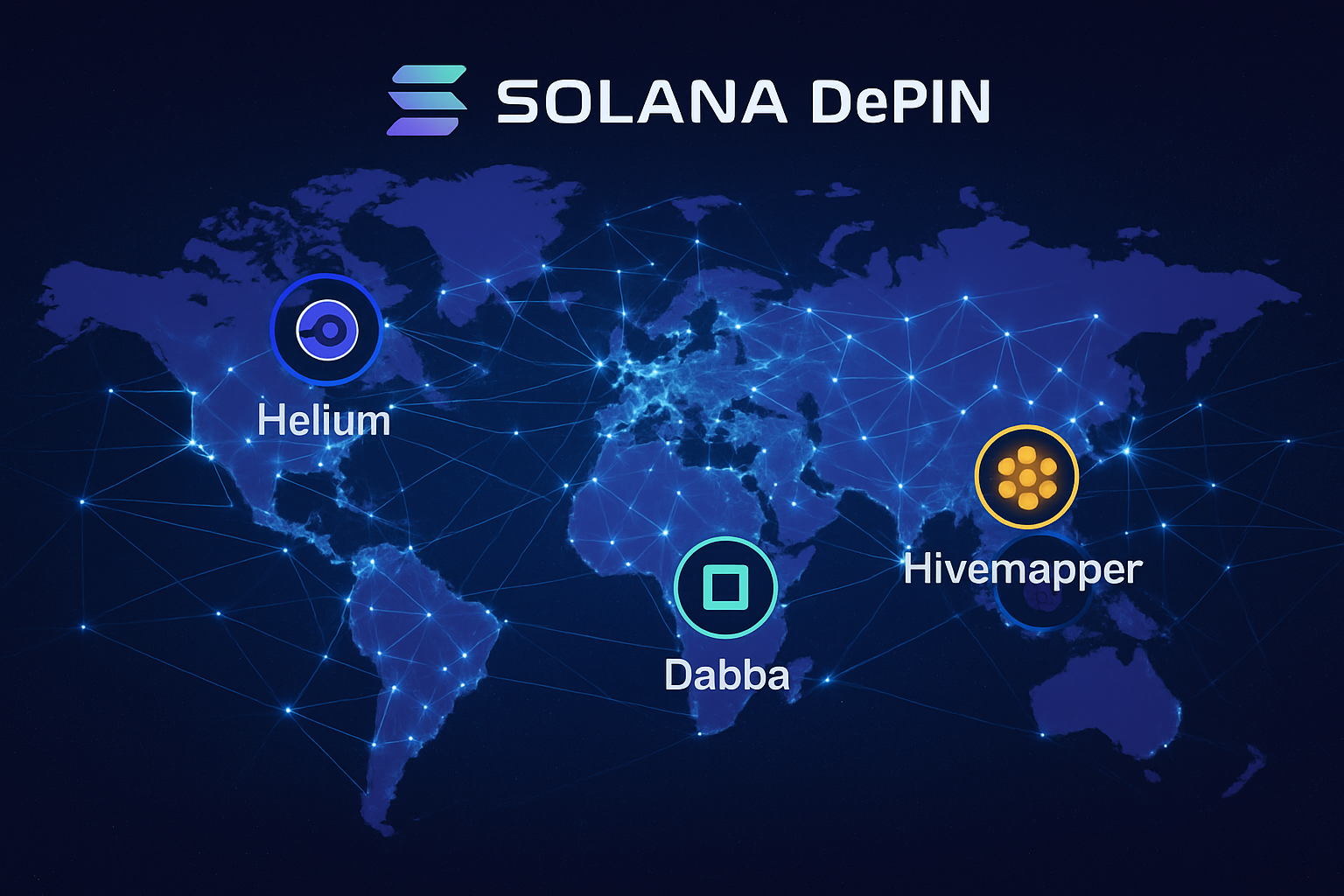 Dynamic visualization of Solana DePIN nodes connecting global cities, highlighting Helium Network, Dabba, and Hivemapper in 2025