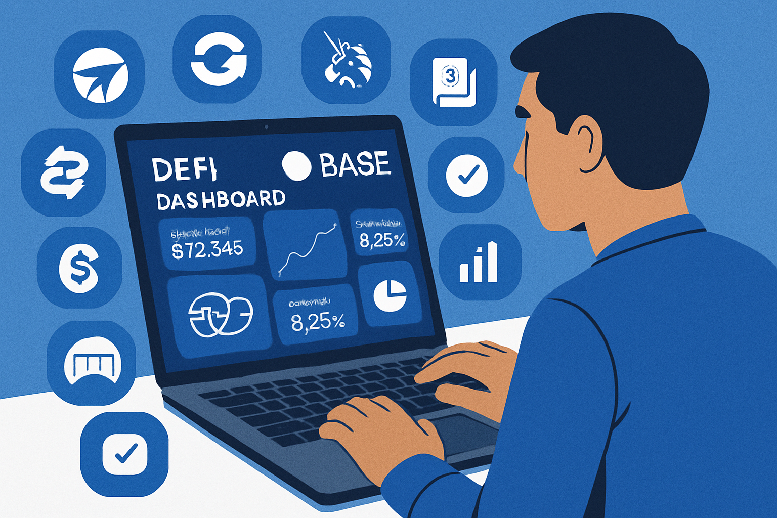 Retail investor using a laptop with a DeFi dashboard displaying top Base blockchain tools like Aerodrome Finance, BaseSwap, Uniswap, and Layer3 Quests, with visible Base branding in a friendly home setting.