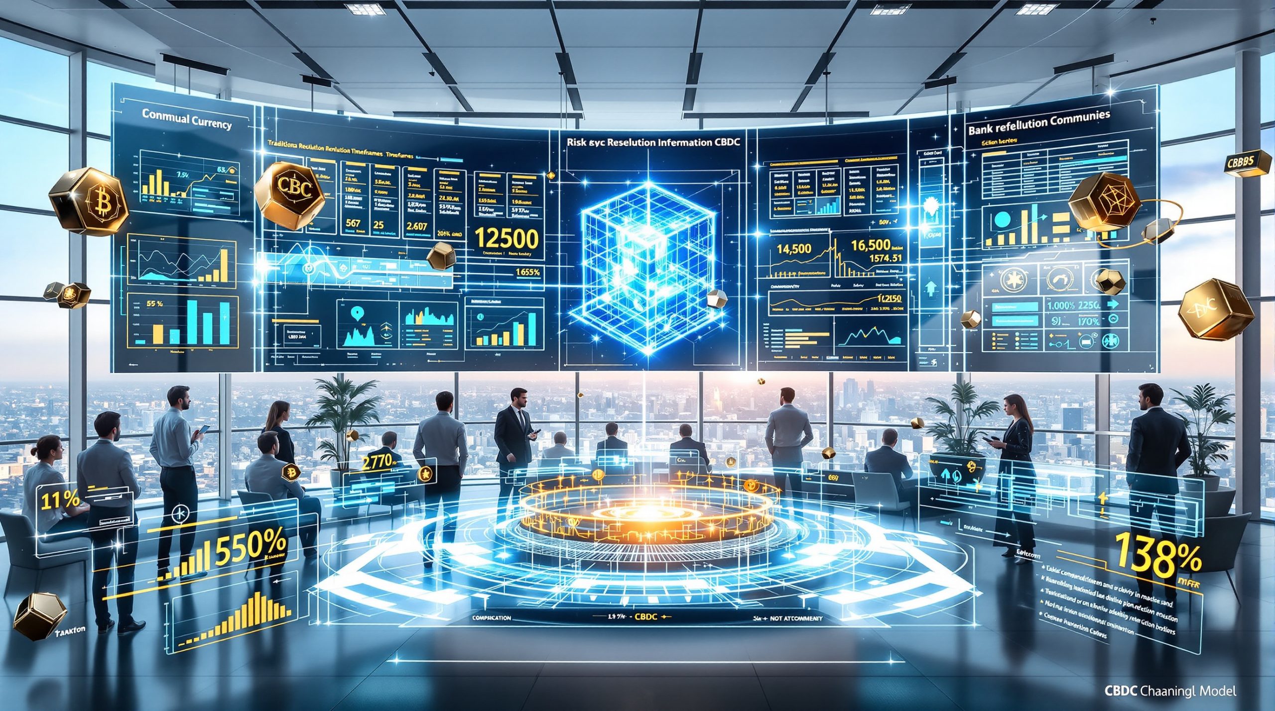 Futuristic bank branch interior with digital screens displaying both fiat and cryptocurrency balances, representing on-chain banking in 2025.