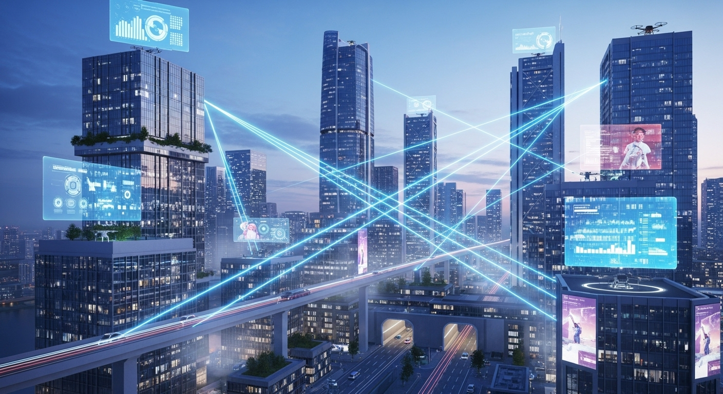 Futuristic city skyline with digital NFT icons overlayed on real estate buildings, symbolizing passive income opportunities in 2025 through real estate-backed NFTs.