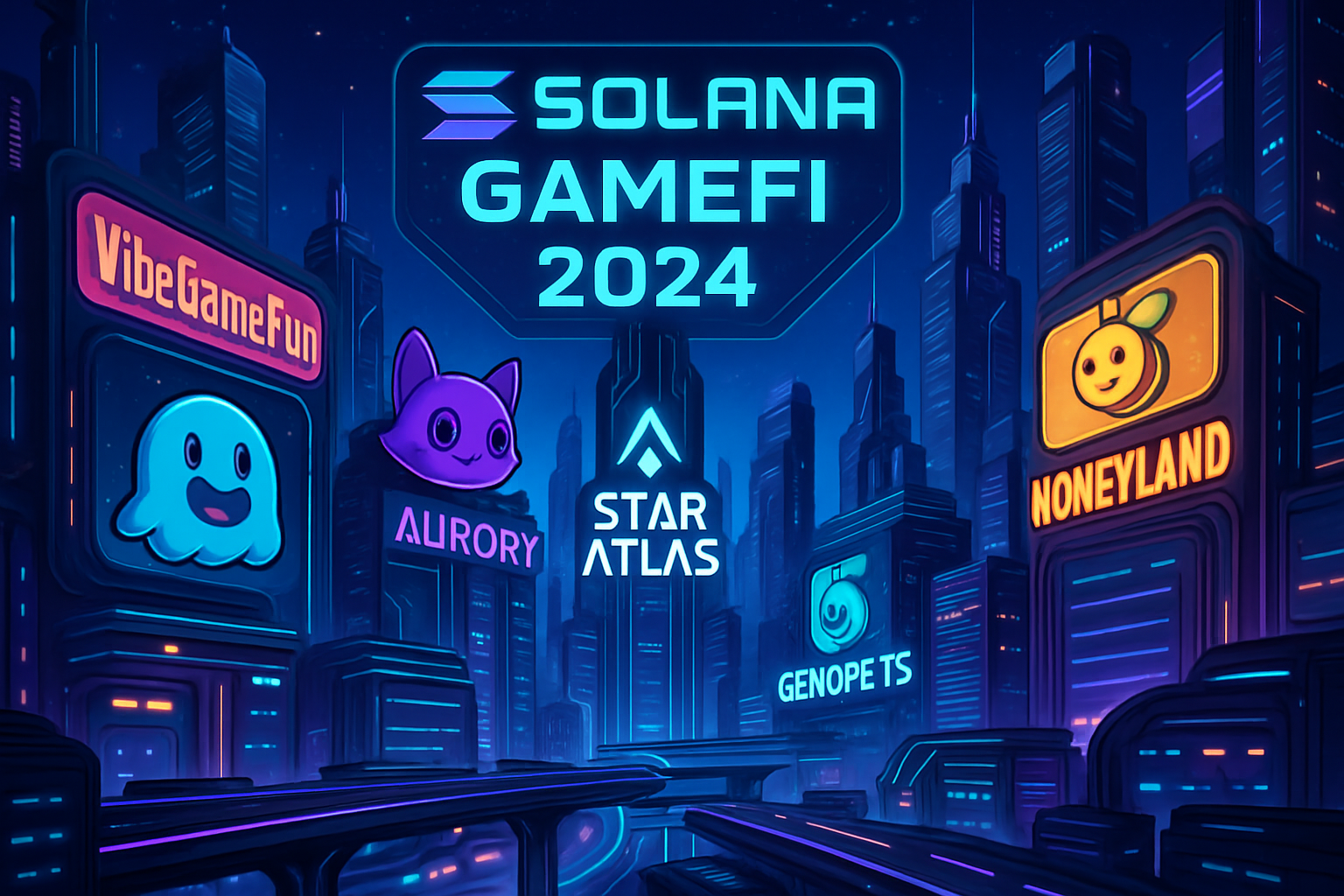 Futuristic cityscape featuring elements from top Solana GameFi projects in 2024: VibeGameFun, Aurory, Star Atlas, Genopets, and Honeyland, representing the evolution of NFT gaming worlds.
