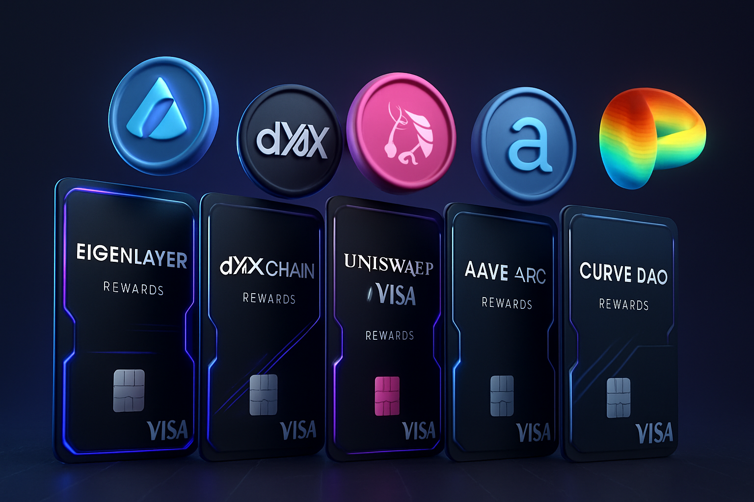 Futuristic crypto rewards cards including EigenLayer, dYdX Chain, Uniswap x Visa, Aave Arc, and Curve DAO cards with governance tokens floating above them, representing innovative DeFi participation features for 2025.
