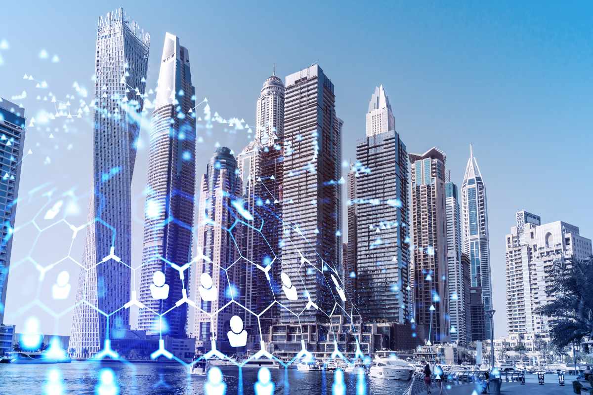 Futuristic Dubai skyline with digital blockchain overlays symbolizing tokenized real estate and global accessibility in 2025.