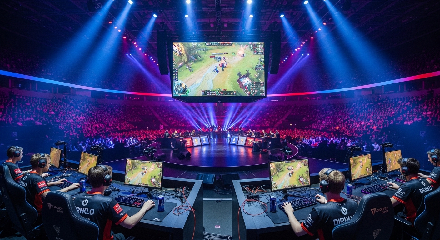 Futuristic esports arena in 2025 with digital AI leaderboards projected above cheering crowds