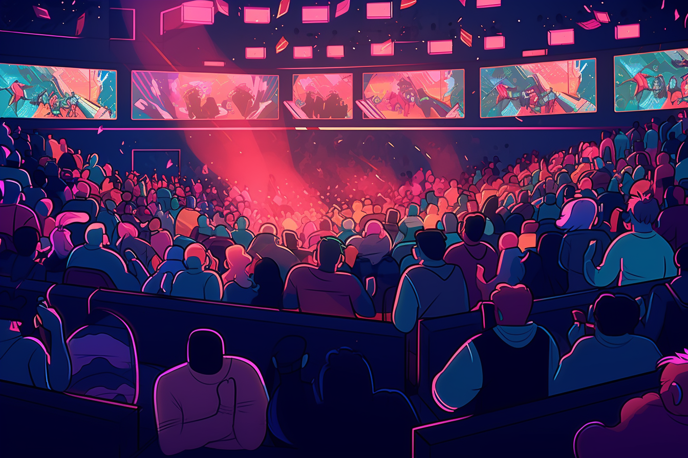 Futuristic esports arena with digital avatars of AI agents competing on massive digital screens, showcasing advanced AI competitions in gaming