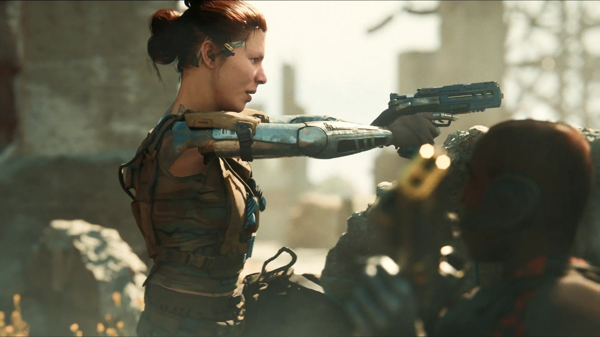 Futuristic gamer in a virtual world holding NFT assets, featuring Immutable zkEVM, Shrapnel FPS, and Ready Player Me avatars, illustrating play-to-own gaming in 2025.