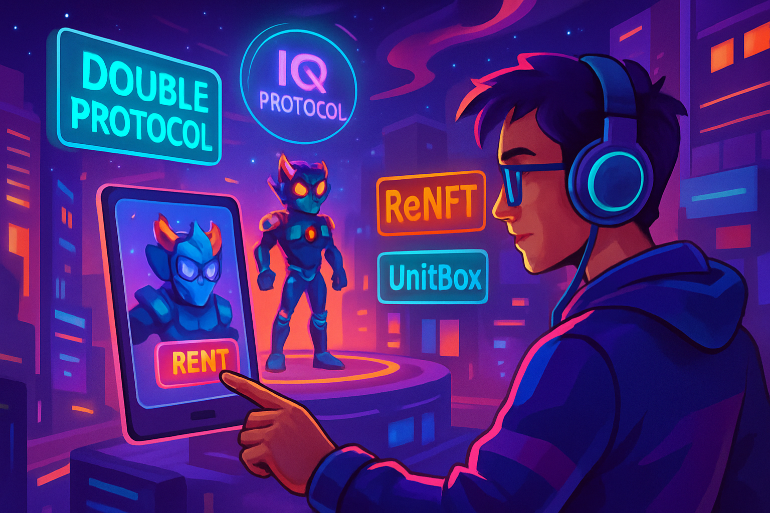 Futuristic gamer renting an NFT character in a vibrant virtual world, representing top NFT rental marketplaces like Double Protocol, IQ Protocol, ReNFT, Rentable by Vera Labs, and UnitBox in 2025 play-to-earn gaming.
