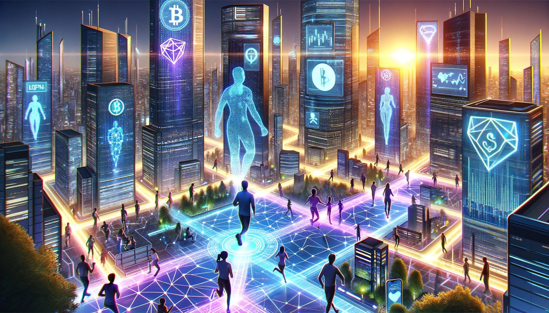 Futuristic gaming hub with players trading NFTs and tokens in a vibrant virtual cityscape, representing the evolution of play-to-earn NFT games in 2025.