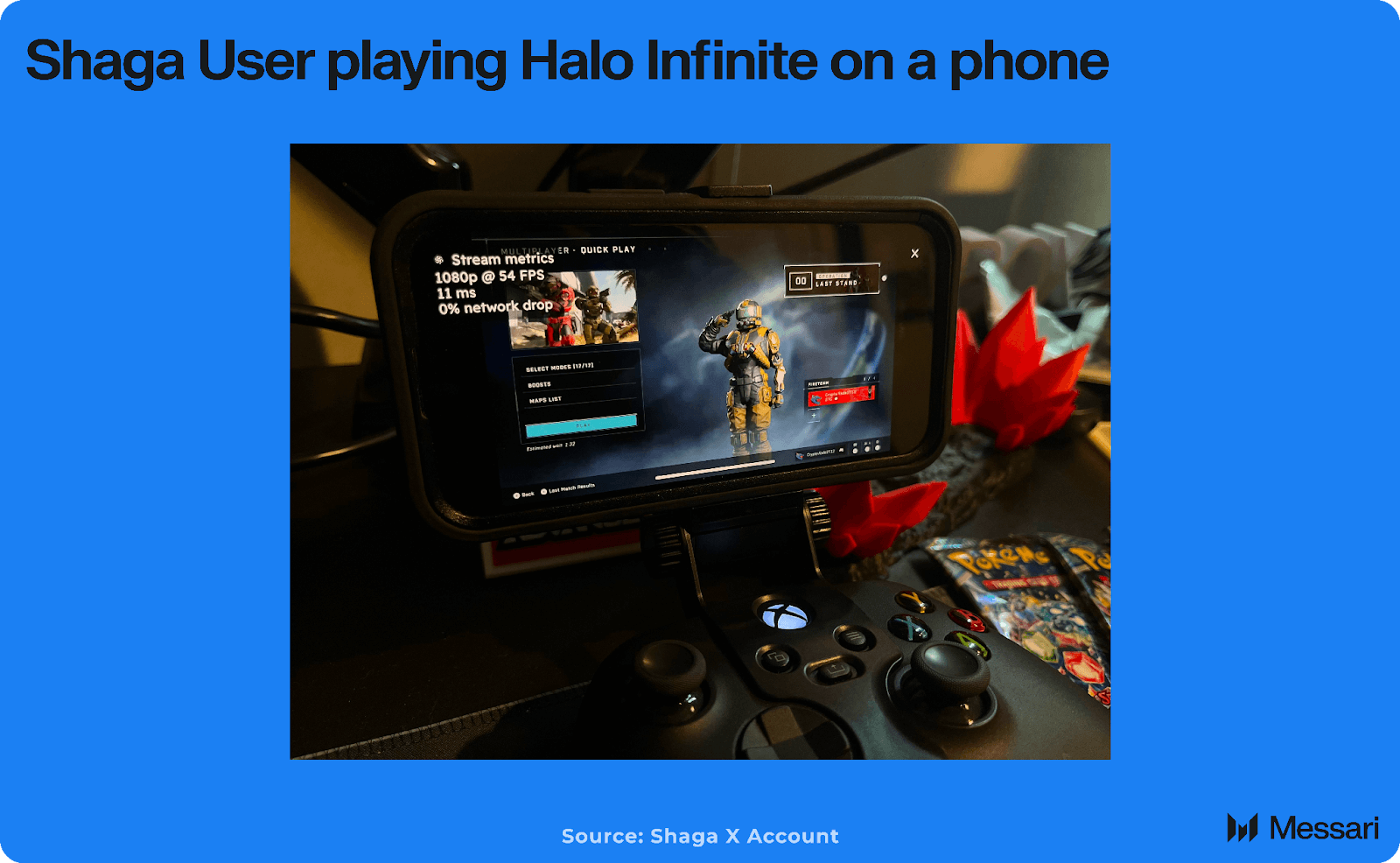 Futuristic gamer streaming AAA games on a mobile device powered by Solana's decentralized peer-to-peer cloud gaming network