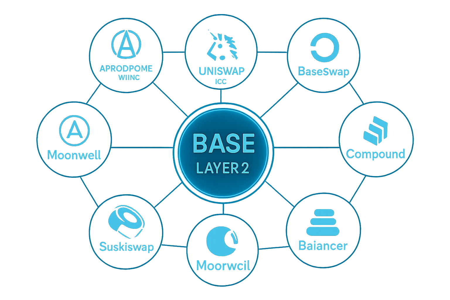 Futuristic infographic with interconnected logos of Aerodrome Finance, Uniswap v3 (Base), BaseSwap, Compound v3 (Base), Balancer (Base), Moonwell, and SushiSwap (Base) on Coinbase's Base Layer 2