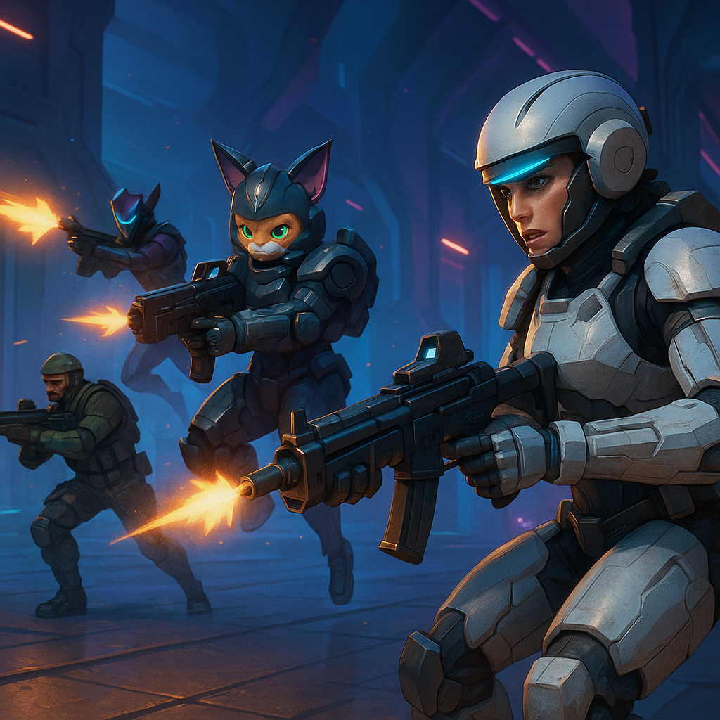Futuristic Solana shooter game environment featuring avatars from BR1: INFINITE, Nyan Heroes, PlayEFAS, EV.IO, Mini Royale: Nations, Portal Fantasy: Arena, Aurory Tactics, WildCard Alliance, Star Atlas Dogfight Module, and MetaOps in combat