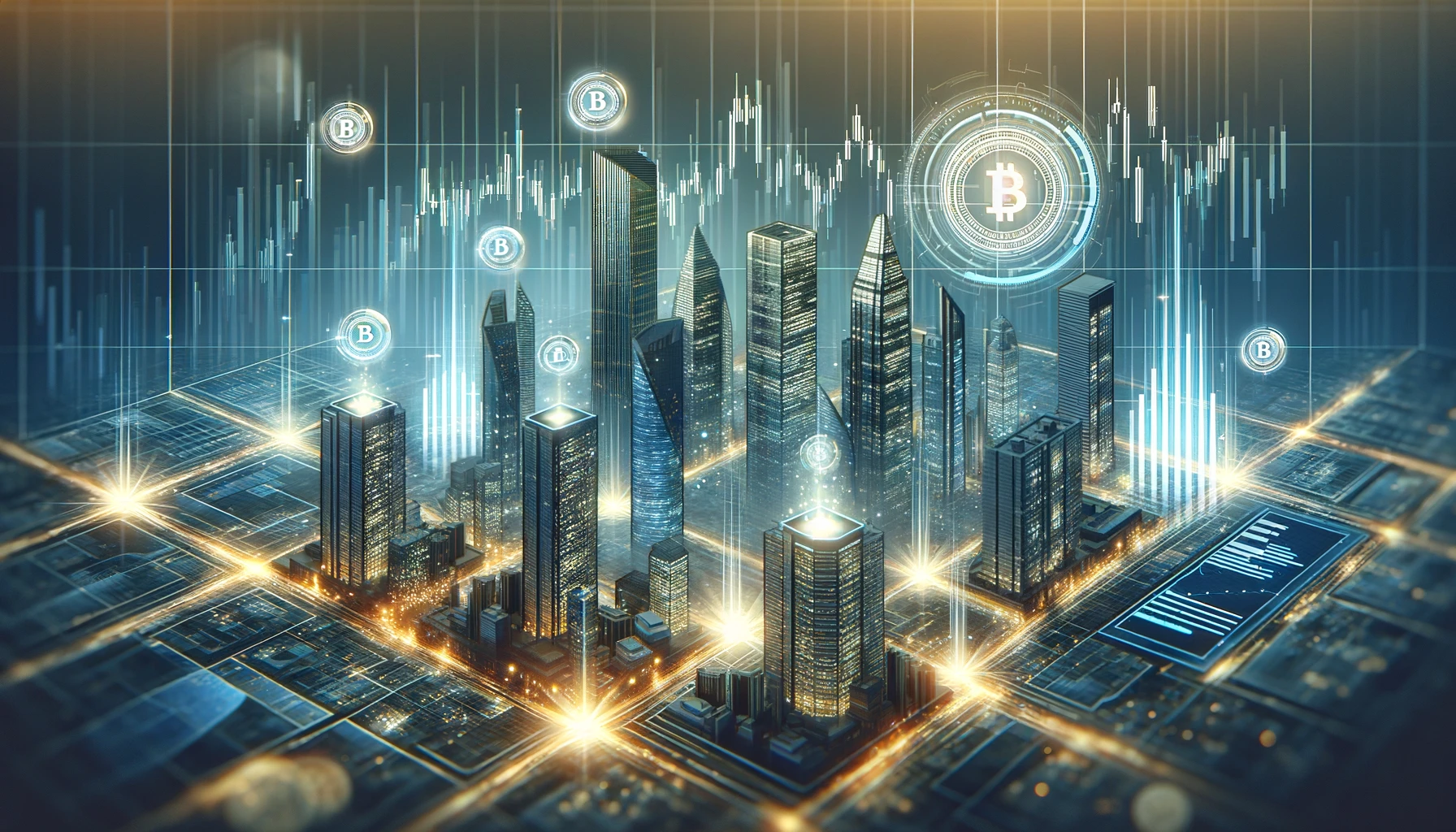 Futuristic Dubai skyline with digital tokens overlaying luxury real estate buildings, illustrating blockchain-based property investment and tokenization.