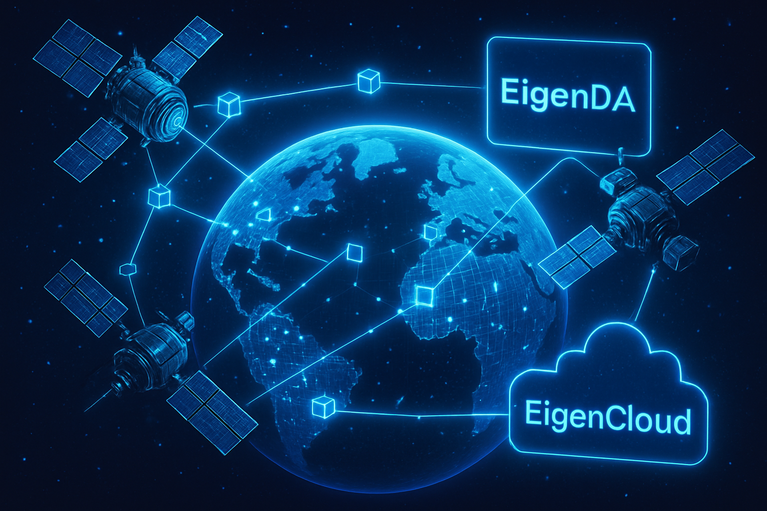 Futuristic satellites orbiting Earth, relaying blockchain data with digital connections, representing EigenDA and orbital blockchain data availability.