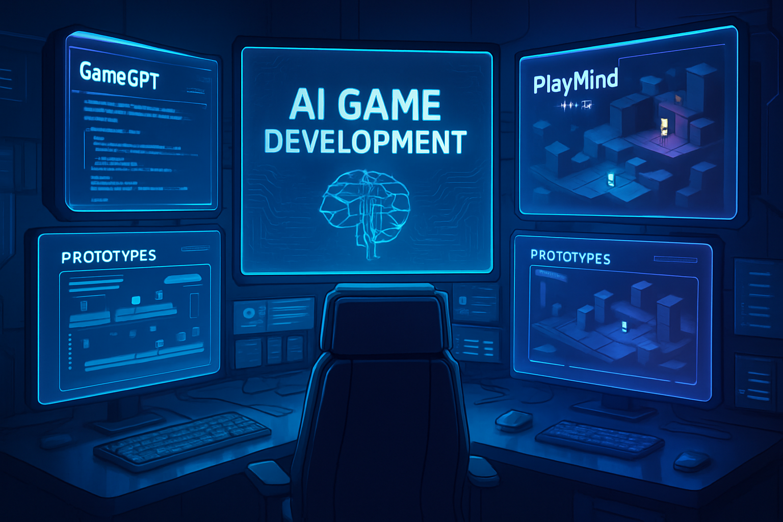 Futuristic workspace with multiple screens displaying AI-generated game prototypes from GameGPT, PlayMind, and InfinityG, illustrating rapid prototyping in AI game development.