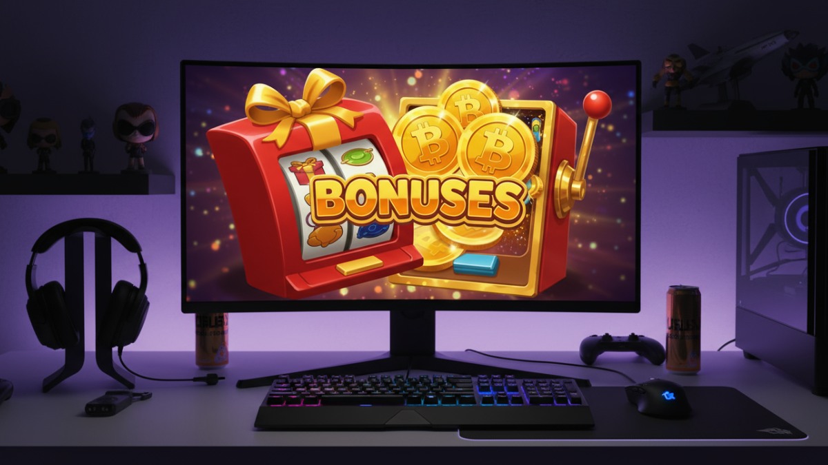 Beginner esports bettor at PC holding smartphone with crypto wallet app, esports match displayed on monitor, illustrating step-by-step crypto betting process