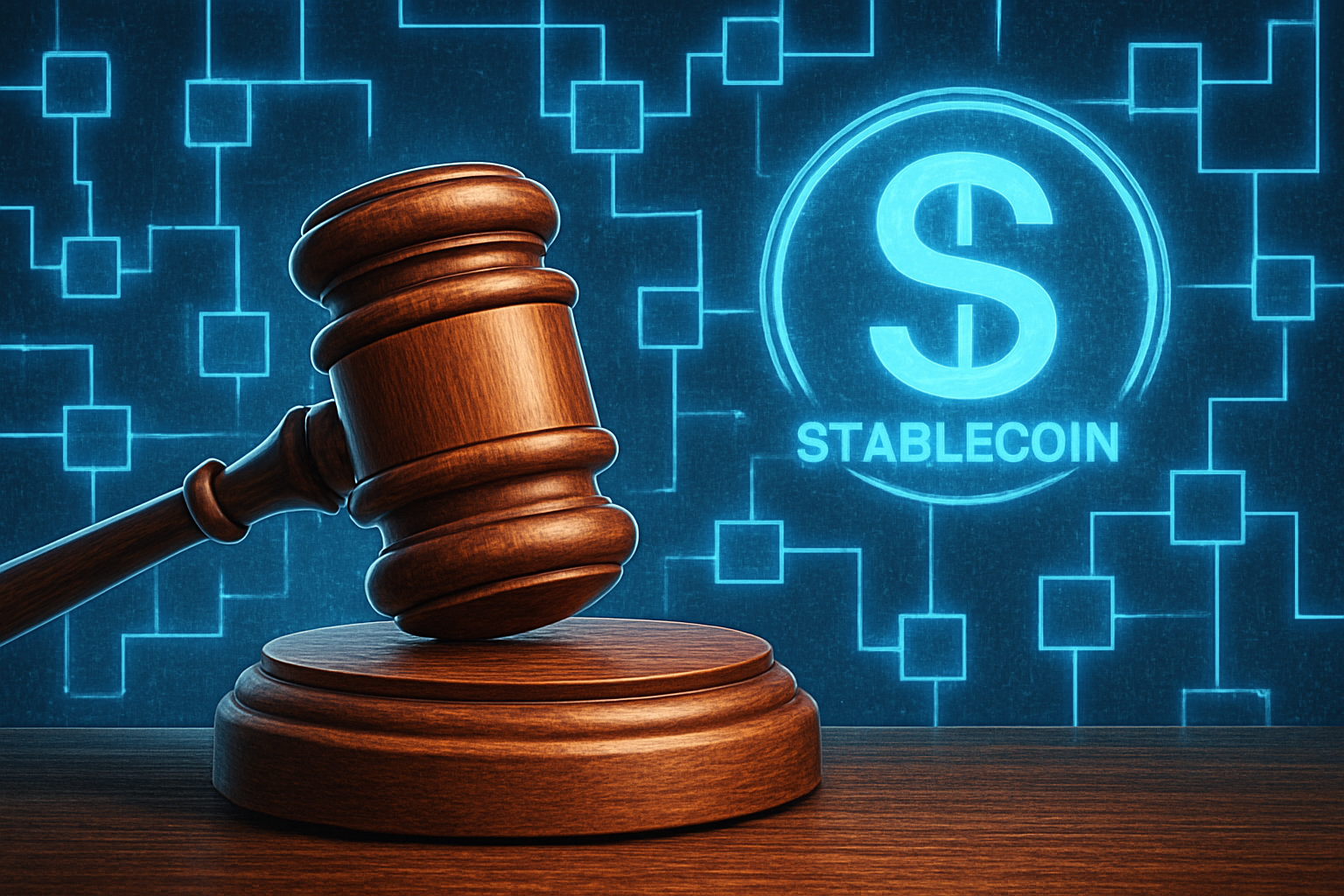 Gavel resting on a digital ledger background representing the intersection of law and blockchain for the GENIUS Act stablecoin legislation