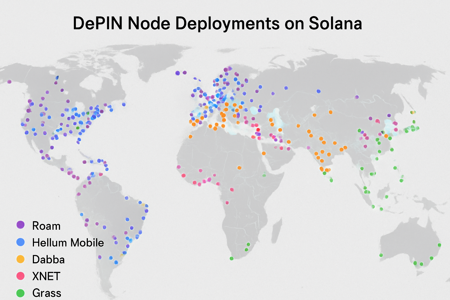 Global map showing node deployments for Roam, Helium Mobile, Dabba Network, XNET, and Grass on Solana DePIN in 2024