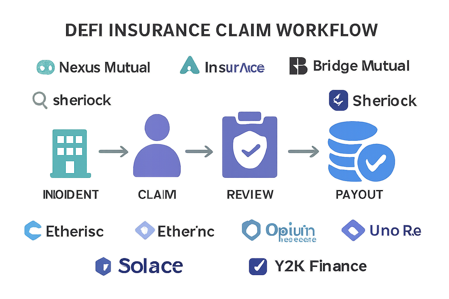 Decentralized DeFi insurance claim workflow graphic featuring Nexus Mutual, InsurAce, Unslashed Finance, Bridge Mutual, Sherlock, Etherisc, Opium Insurance, Solace, Uno Re, OpenCover, and Y2K Finance logos