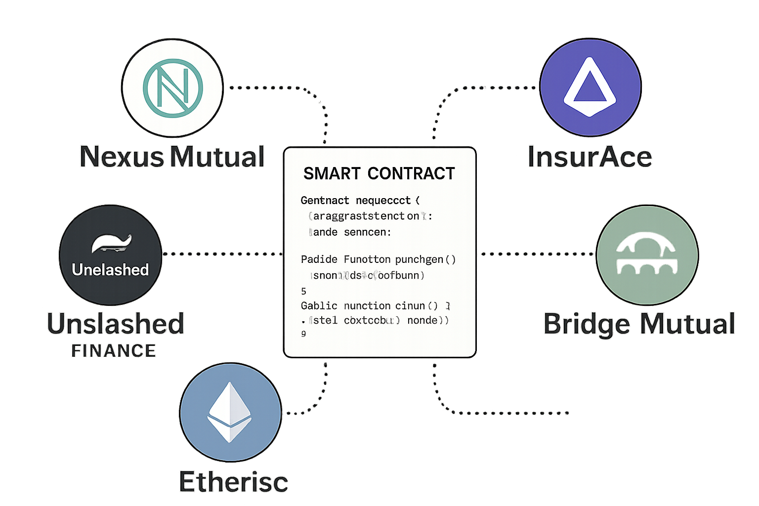 Logos of Nexus Mutual, InsurAce, Unslashed Finance, Bridge Mutual, and Etherisc connected by smart contract code representing top DeFi insurance protocols for smart contract exploit coverage in 2025.