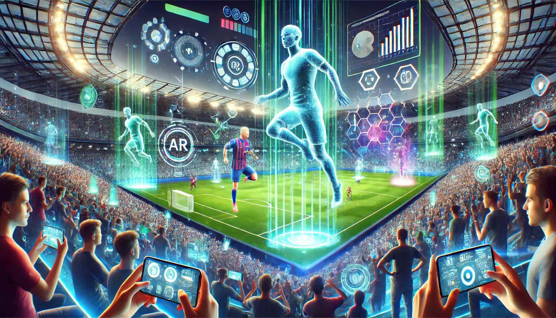 Diverse football fans in a stadium using AR glasses and smartphones to view live match stats and fan token rewards during a game in 2025
