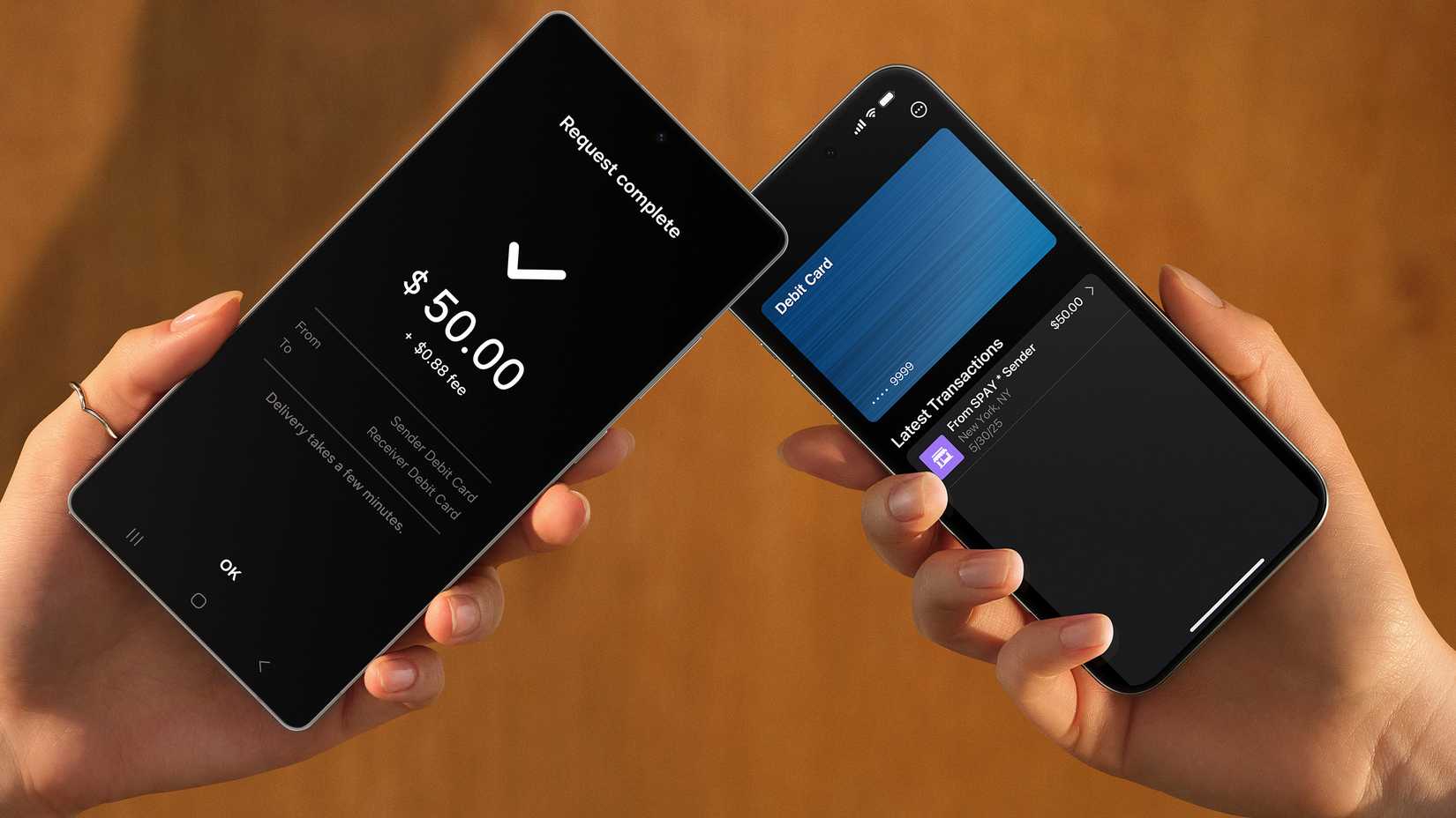 Hand holding a modern stablecoin debit card in front of a digital wallet app interface, representing anonymous crypto to fiat conversion in 2025.