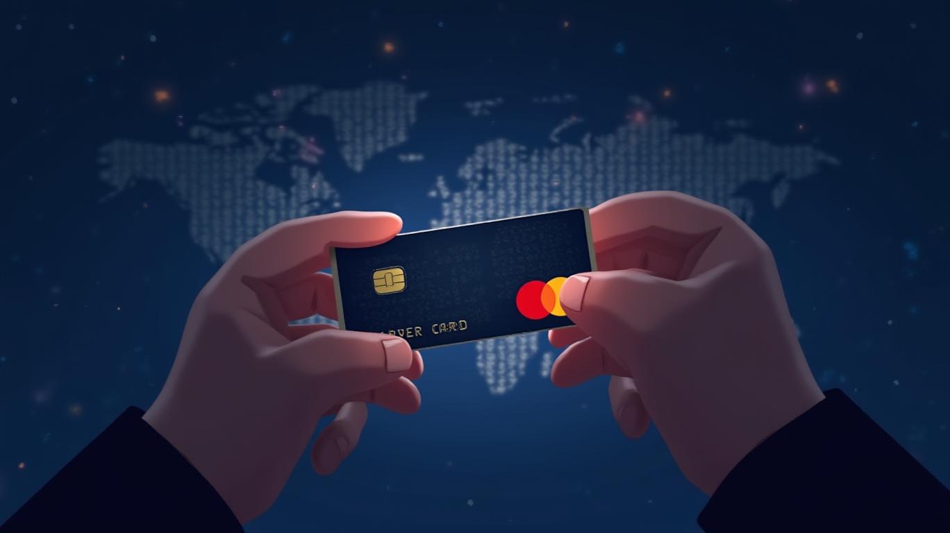 Hand holding a sleek stablecoin Visa card at a vibrant international marketplace, symbolizing global crypto payments