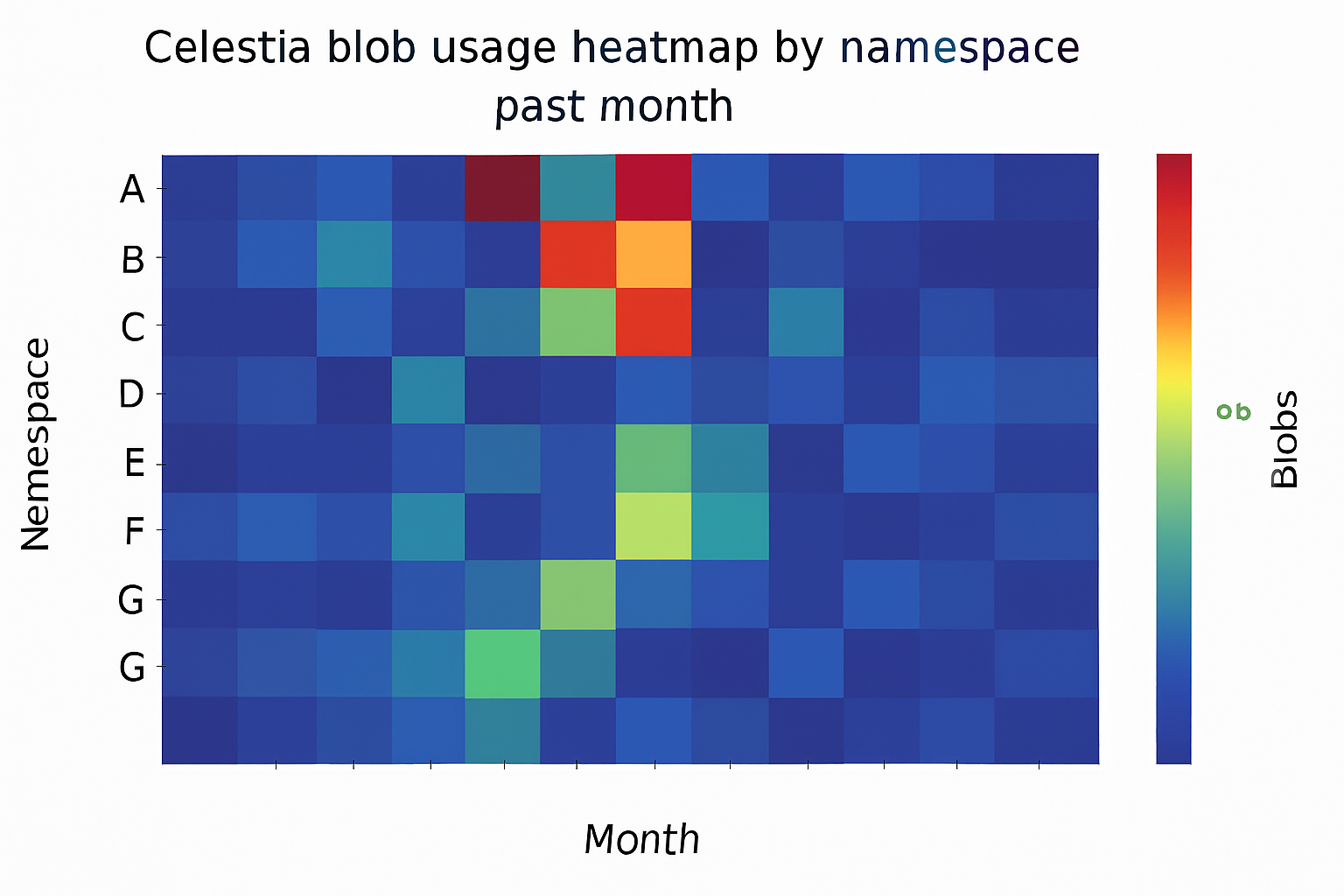 Celestia blob usage heatmap by namespace over the past month, visualizing data activity and trends in the Celestia network