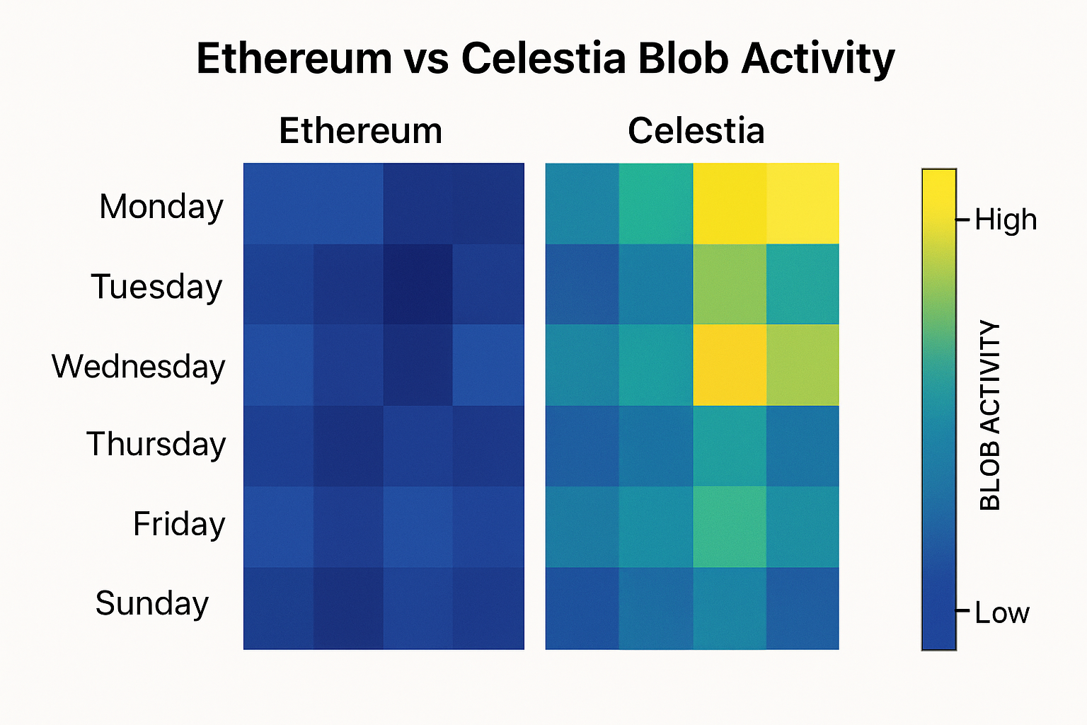 Heatmap visualization comparing Ethereum and Celestia blob activity and data throughput in 2025