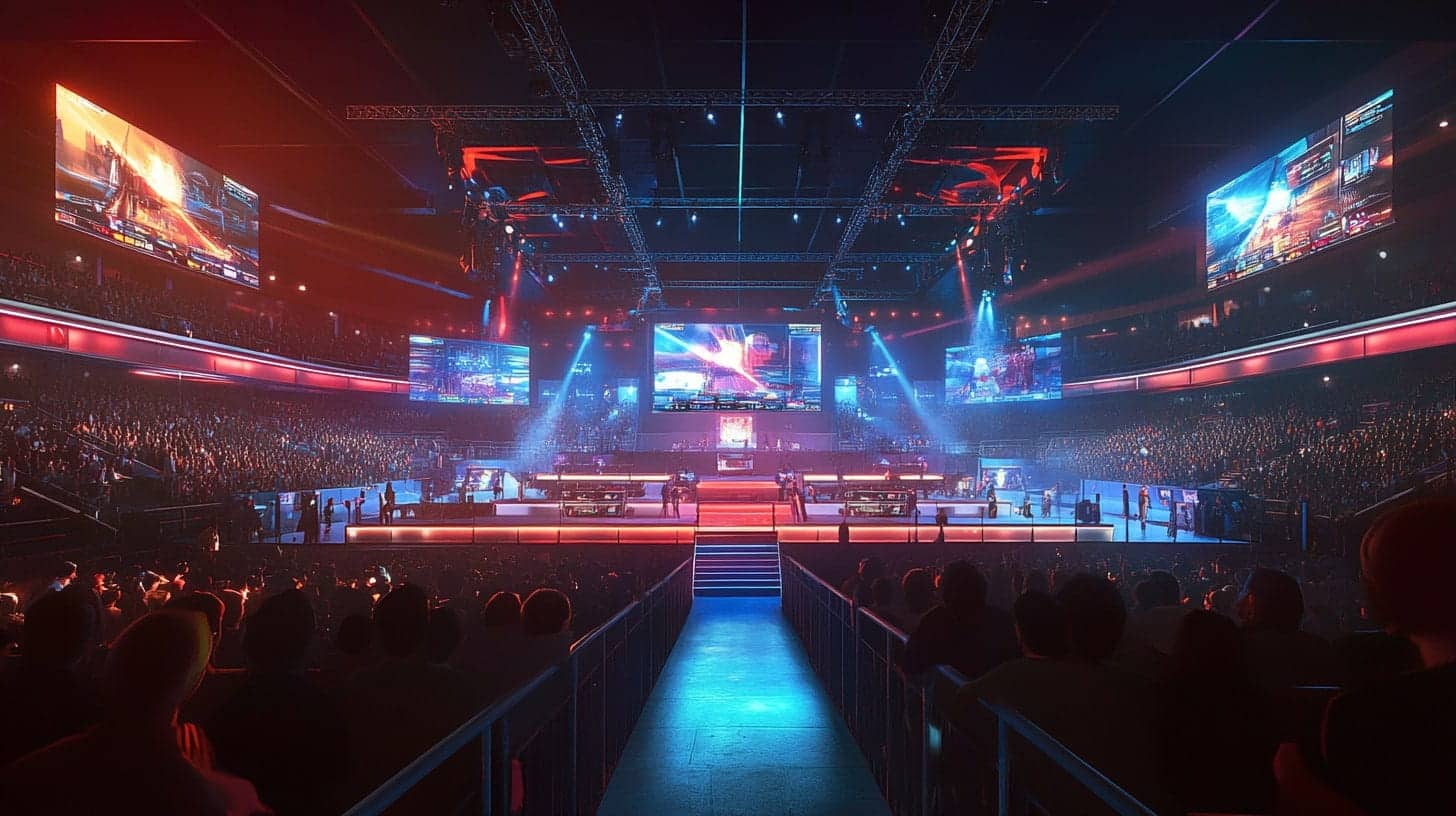 High-action CS2 tournament stage with pro players intensely focused on their screens, representing prop bet categories: player kills, map winner, and most assists.