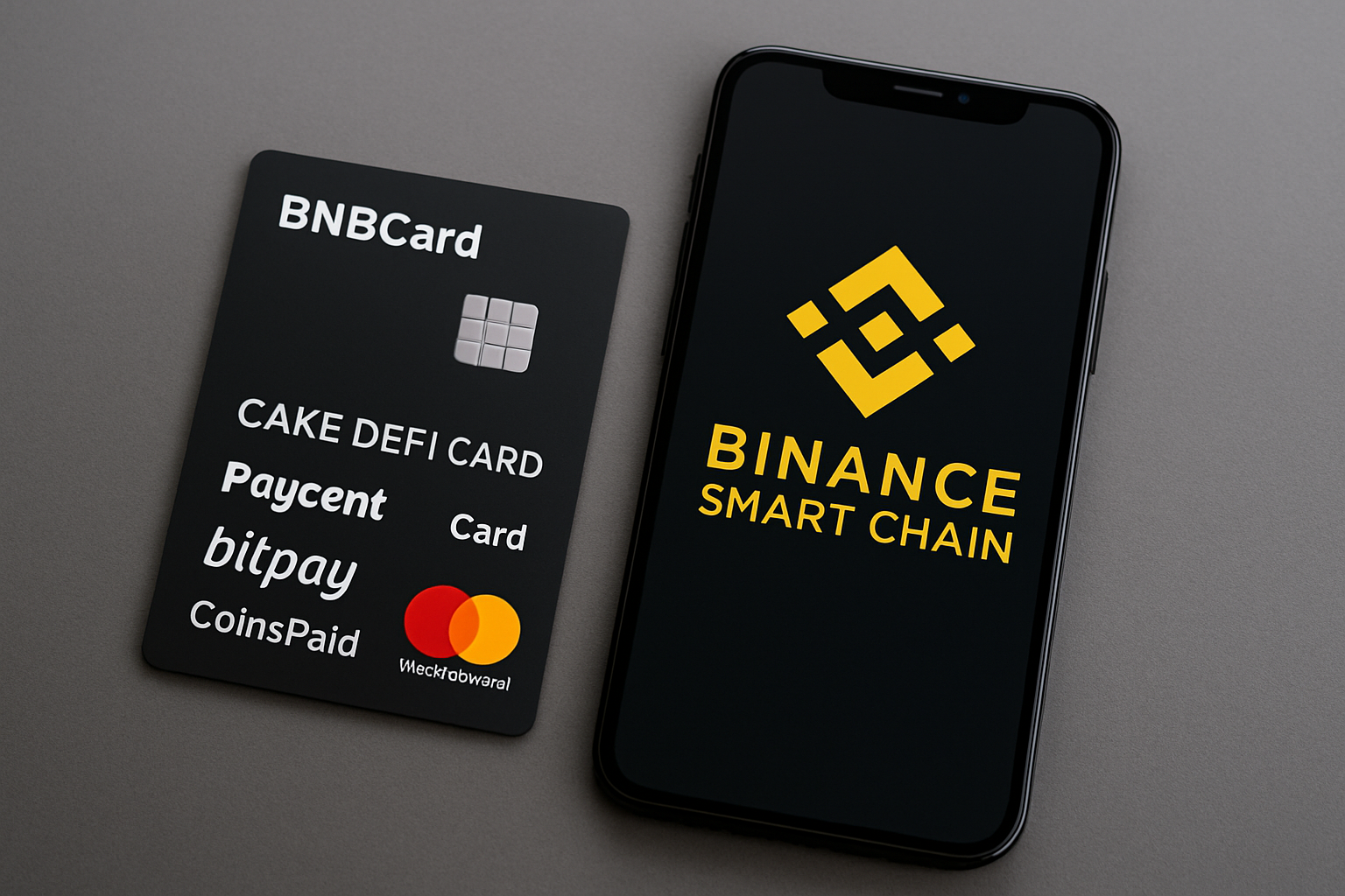 Sleek no-KYC crypto credit card beside smartphone showing Binance Smart Chain logo, representing top BNB Chain cards for 2025