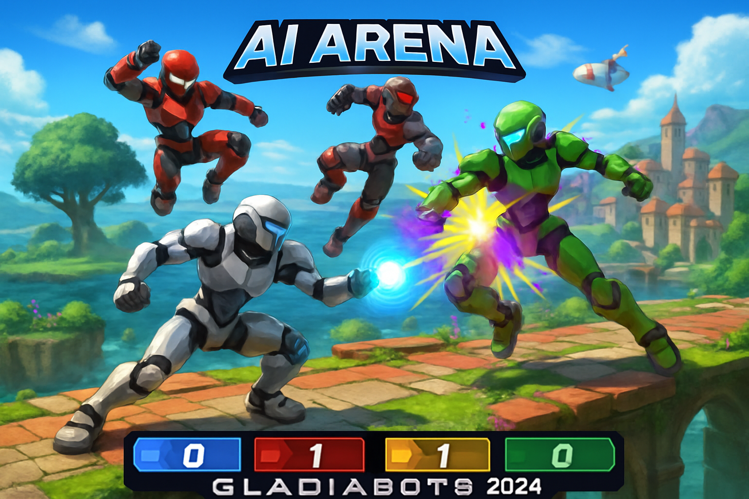 High-energy screenshot of AI battle arena tournament featuring digital avatars from AI Arena, GLADIABOTS, Smash Ultimate, and other top 2024 platforms clashing mid-action in a competitive gaming environment.