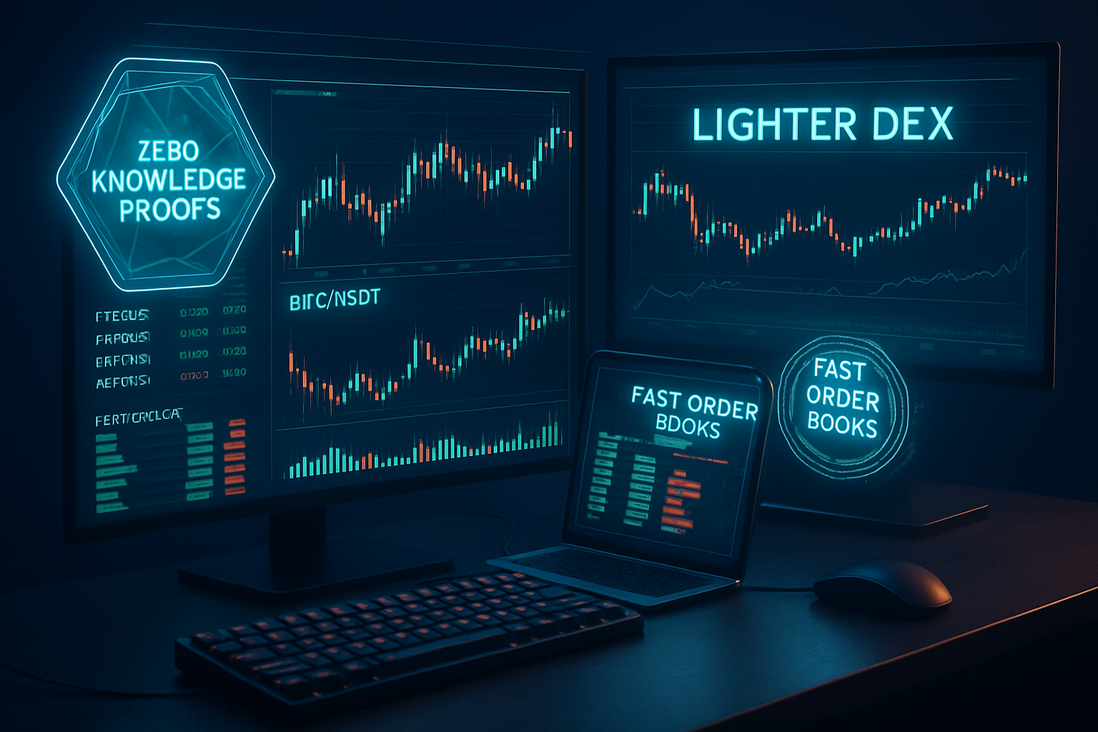High-energy crypto trading desk with digital overlays symbolizing zero-knowledge proofs and fast order book execution, representing Lighter DEX's CEX-level performance.