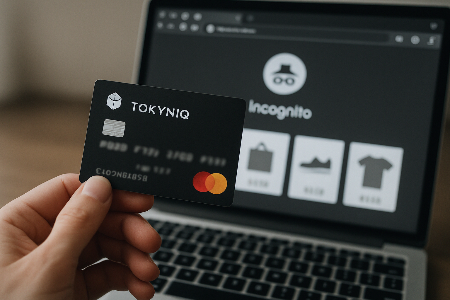 Tokyniq anonymous crypto card used for secure online shopping with privacy features like blurred personal details and incognito browser window, representing top no-KYC crypto credit cards in 2024.