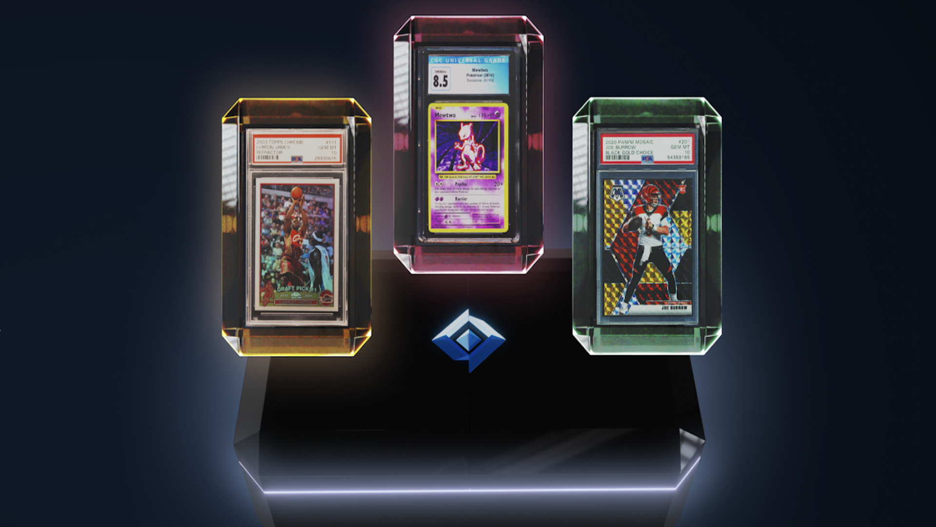 Rare Pokémon cards displayed beside a smartphone showing an NFT marketplace interface, illustrating the tokenization of physical trading cards as digital assets.