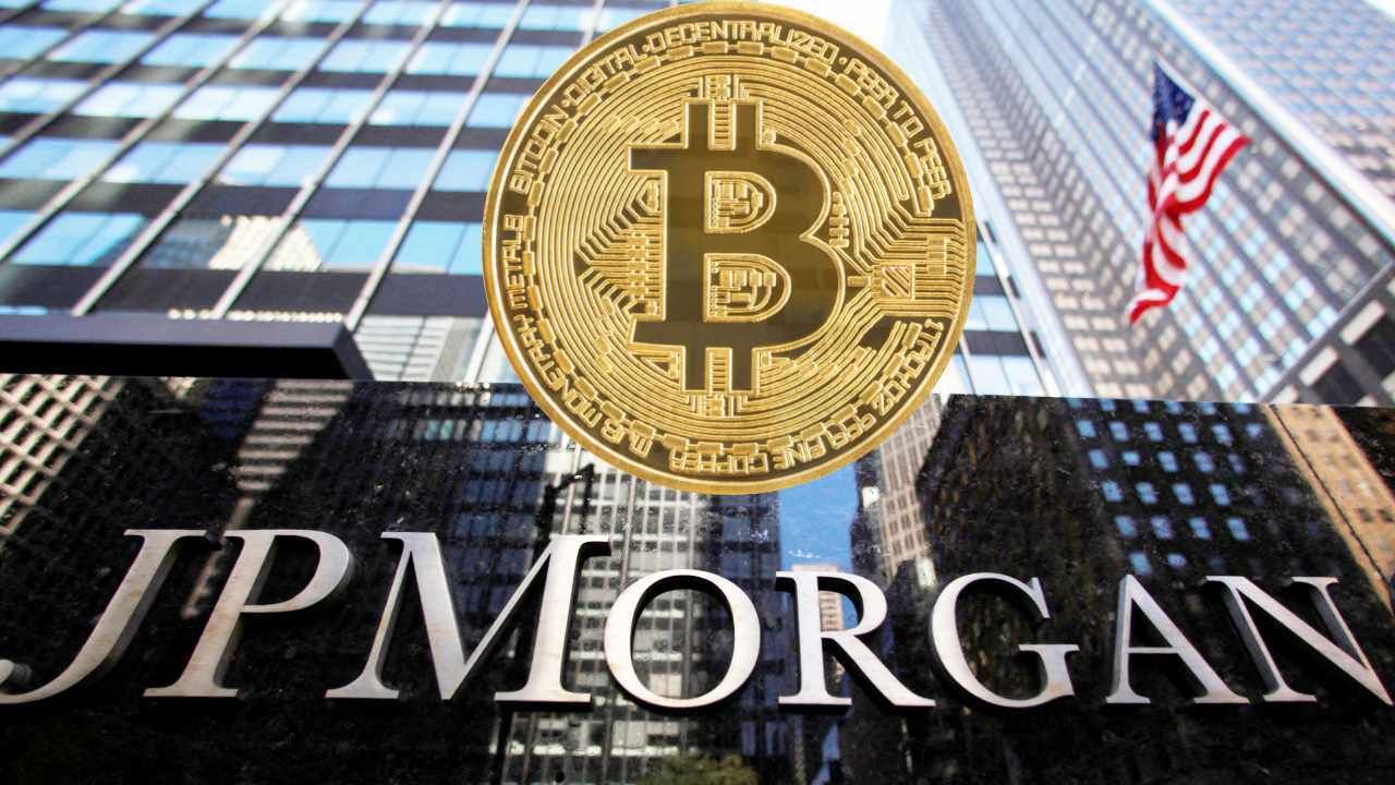 JPMorgan headquarters building with digital Bitcoin and Ethereum icons overlayed, symbolizing institutional crypto adoption in 2025