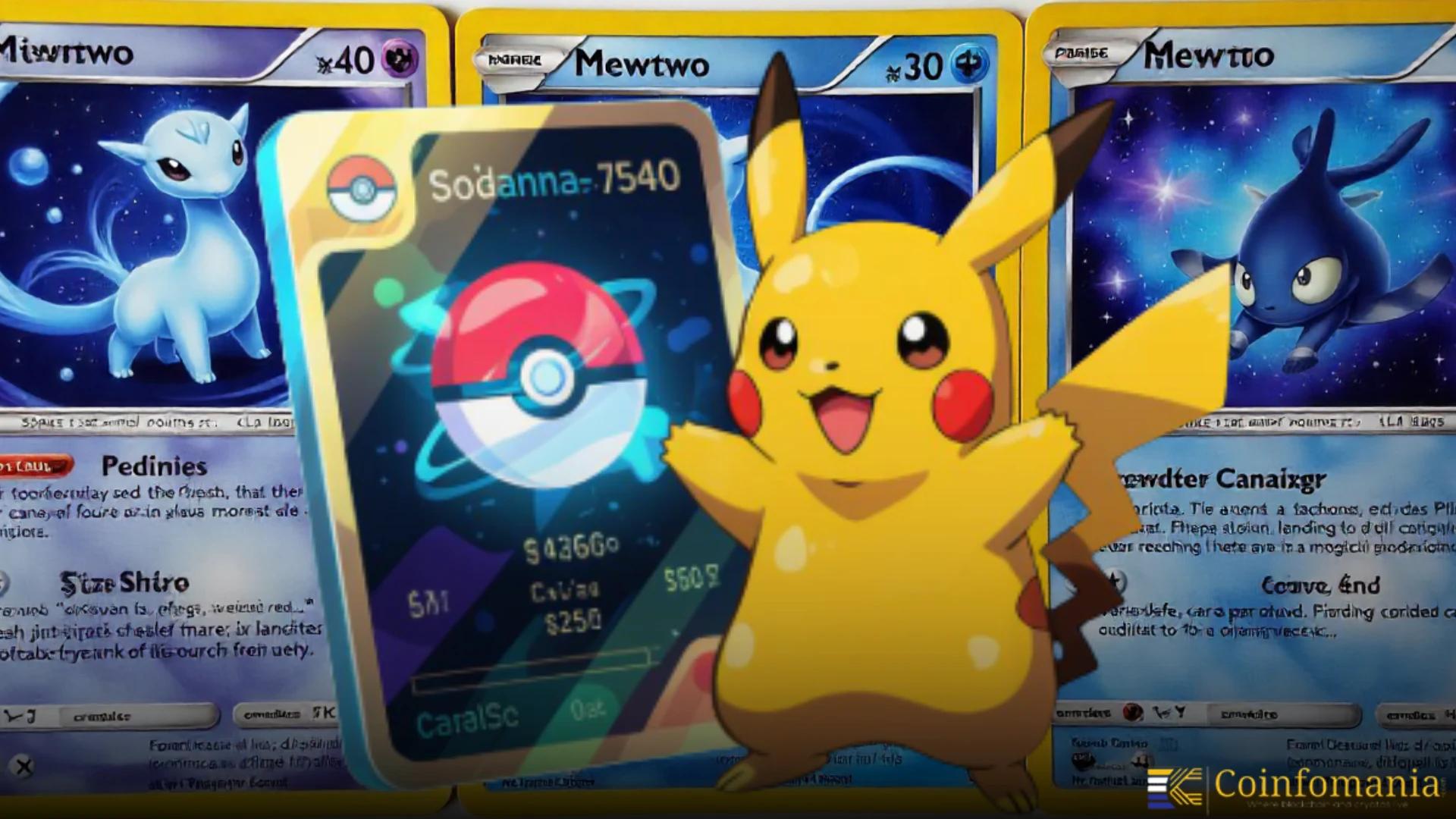 High-resolution image of tokenized Pokémon cards being traded on a digital blockchain marketplace, showcasing digital assets and collectible card NFTs.