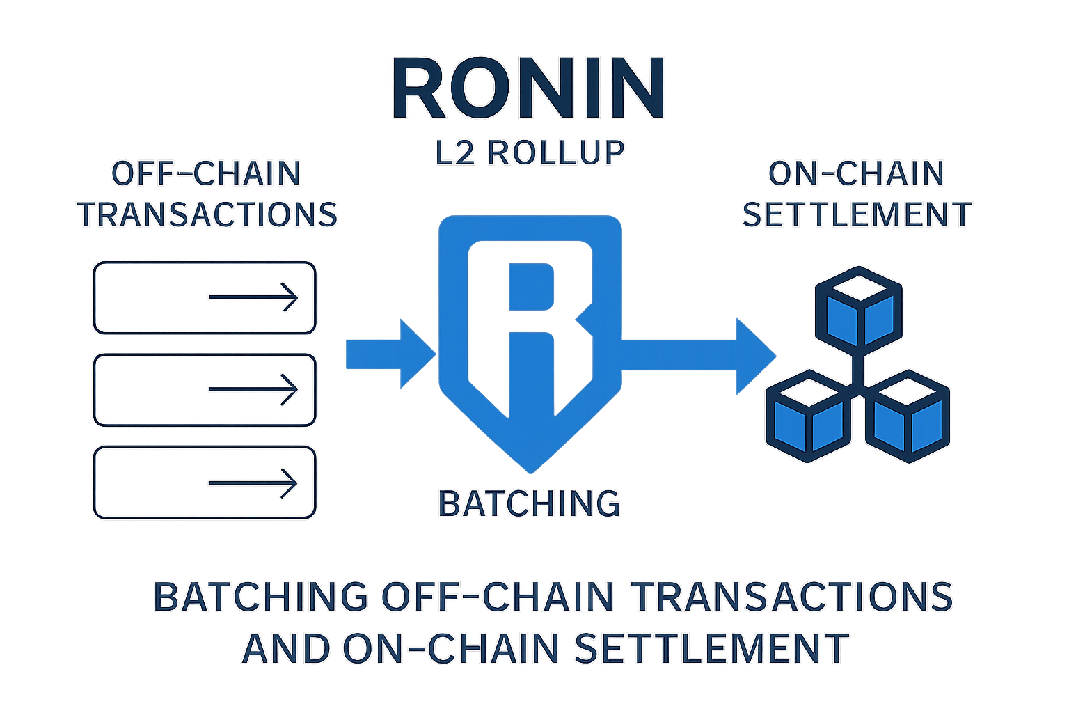 Infographic illustrating Ronin Layer 2 rollups batching off-chain transactions and settling them on-chain for improved blockchain throughput