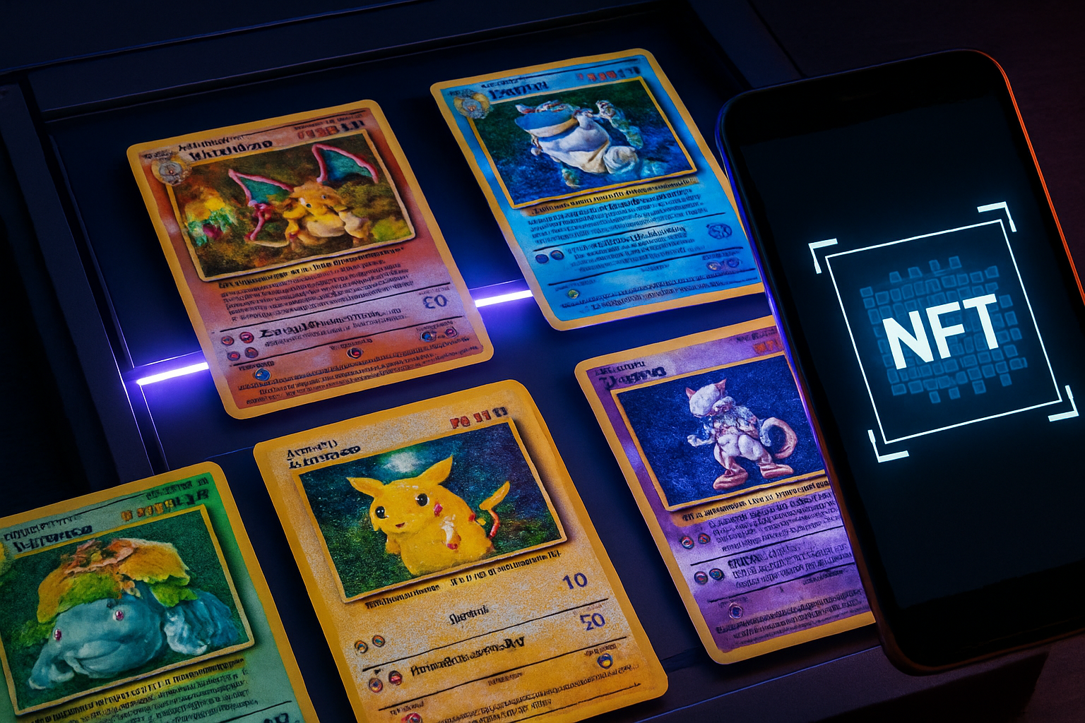 High-resolution photo of rare Pokémon cards being scanned for NFT minting process
