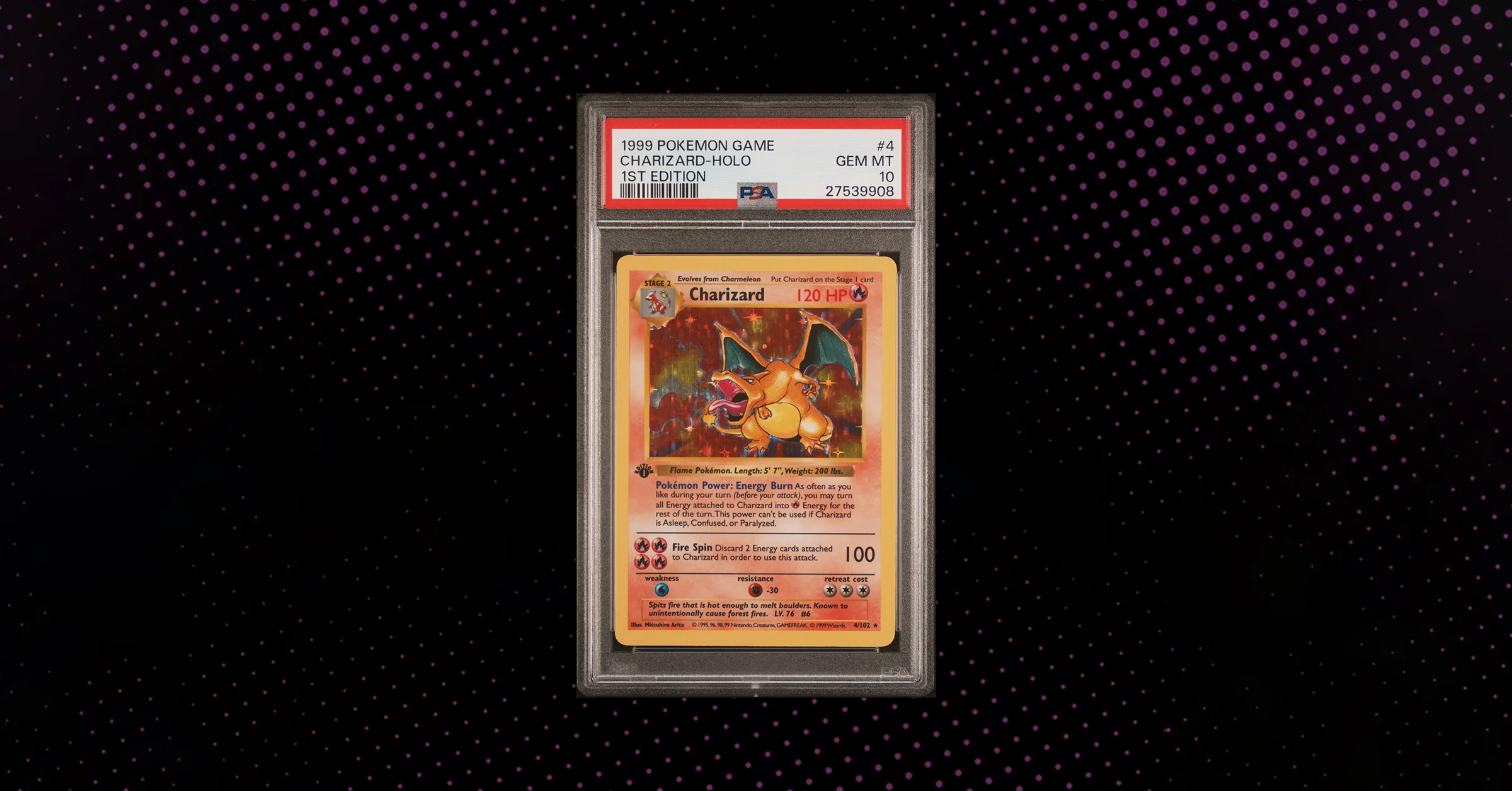 Professionally graded Charizard Pokémon card in a secure vault with digital NFT overlays representing tokenization and blockchain integration.