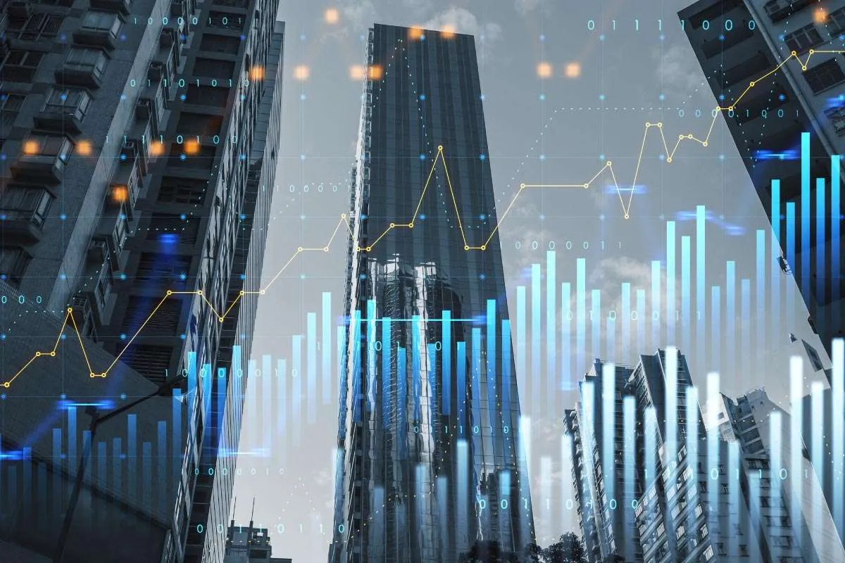 High-rise commercial building with digital blockchain tokens overlay, symbolizing property tokenization in real estate investing 2024