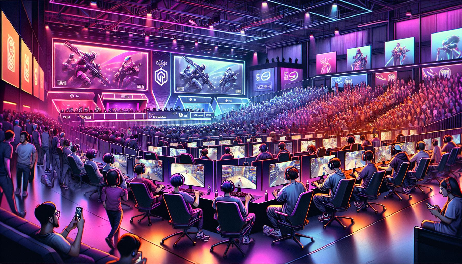 Futuristic esports arena with multiple AI agents competing in a high-tech gaming tournament, showcasing advanced AI technology in 2025 competitive gaming.