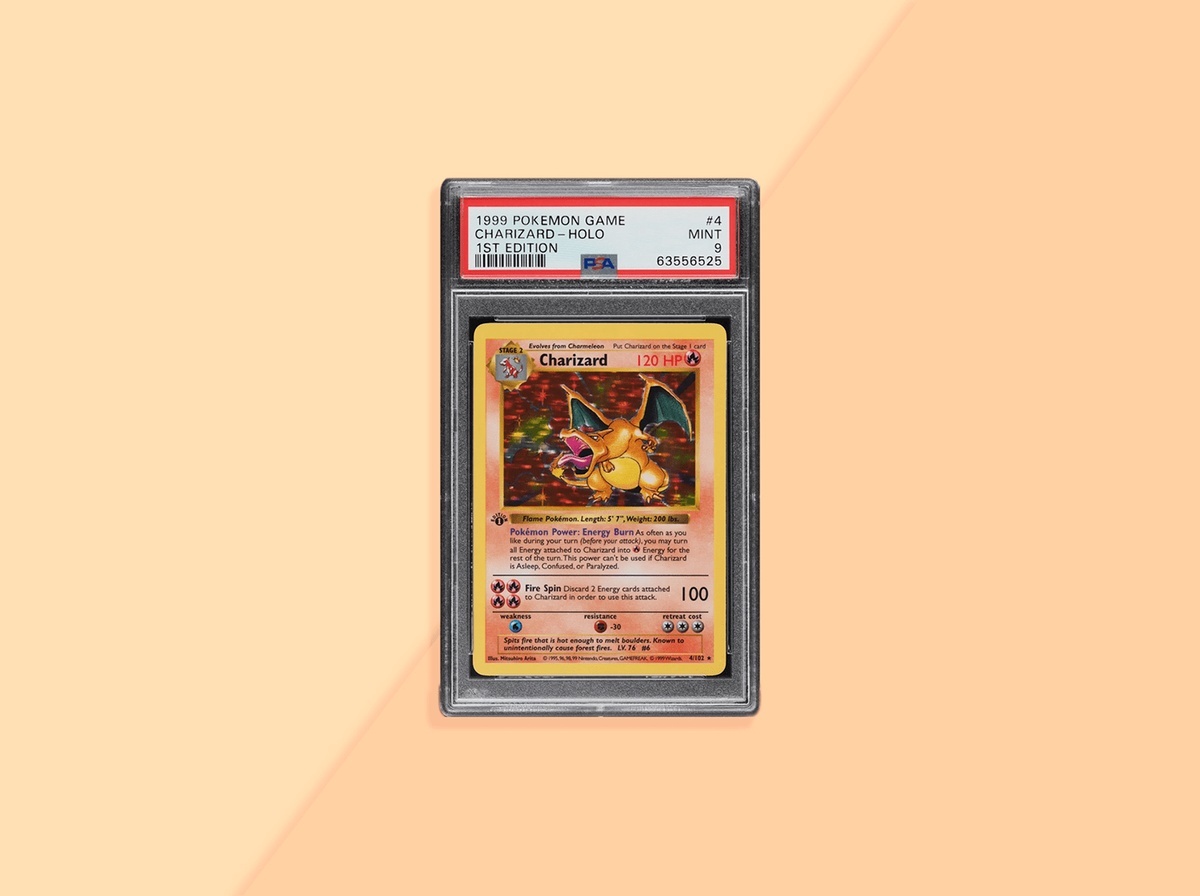 High-value Charizard Pokémon card being scanned and tokenized on a digital blockchain platform