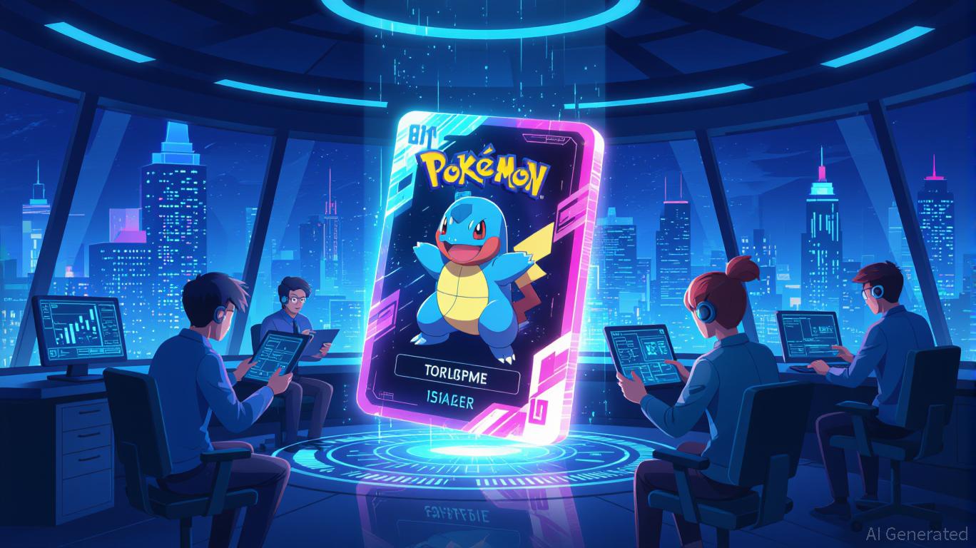 High-value Pokémon card being scanned and tokenized on the blockchain, representing real-world asset (RWA) utility and digital transformation.