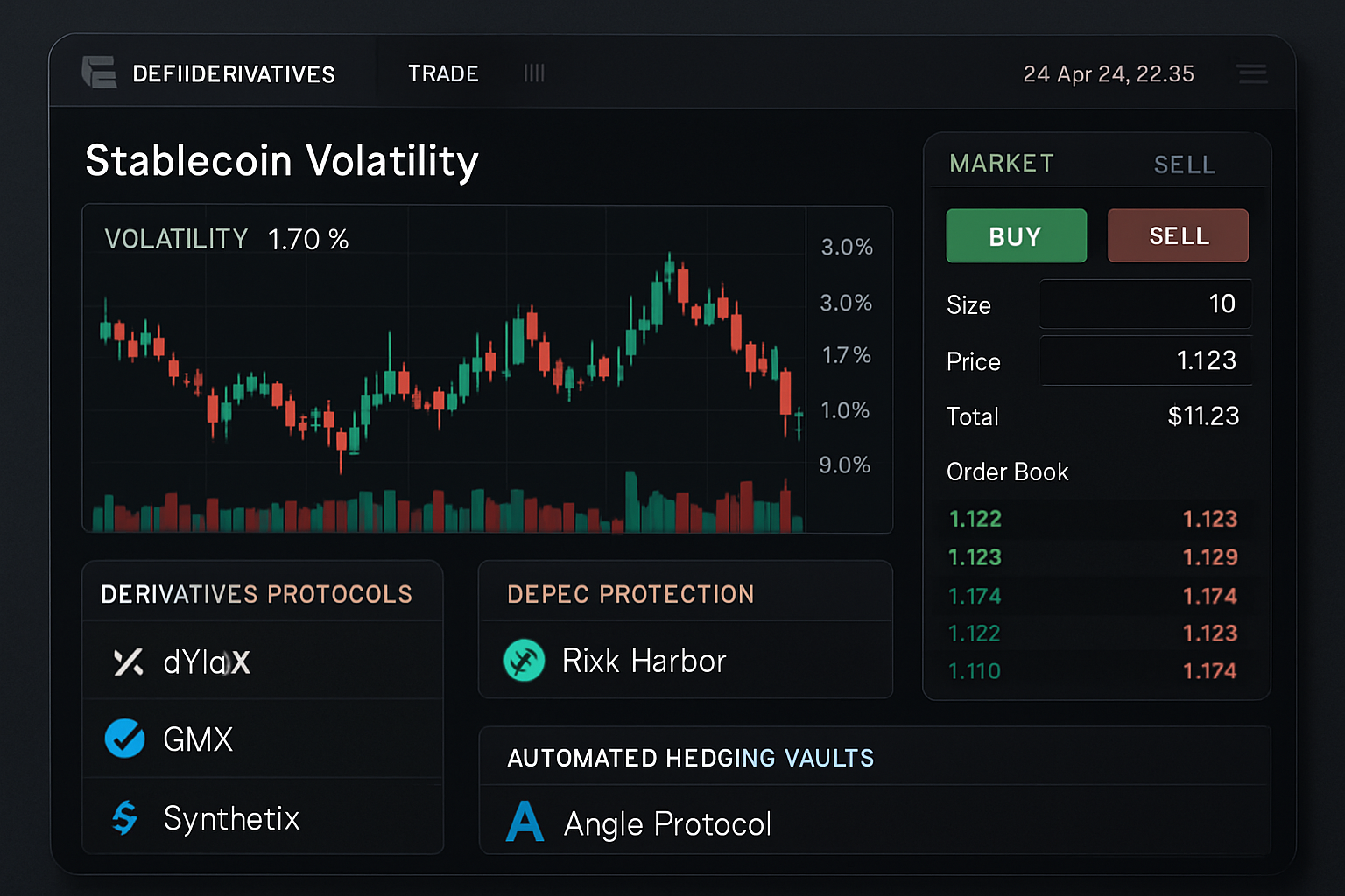 DeFi derivatives trading interface with stablecoin volatility, featuring platforms like dYdX, GMX, Synthetix, and visual cues for depeg protection options and automated hedging vaults in 2024.