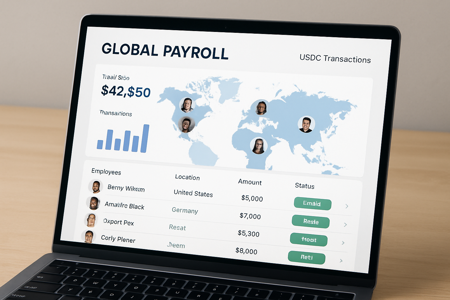 Laptop displaying a global payroll dashboard with active USDC transactions for remote tech teams