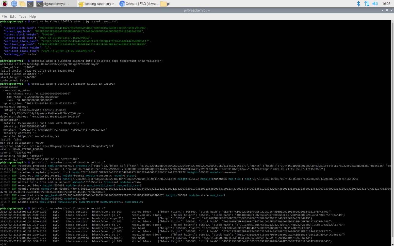 Laptop screen showing a terminal window running Celestia light node commands for data availability sampling