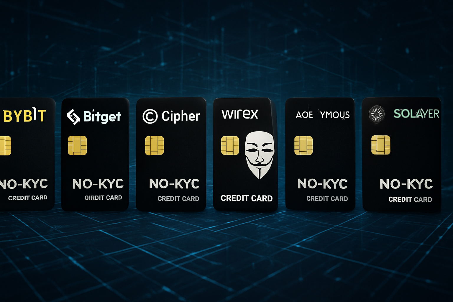 Lineup of top no-KYC crypto credit cards for 2025 including Bybit, Bitget, Cypher, Wirex Anonymous, Paycent, and Solayer on a digital background